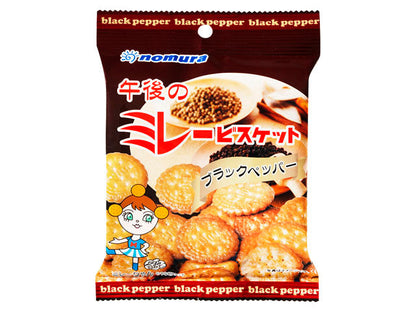 Bag of Nomura black pepper millet biscuits with crispy texture and savory taste.