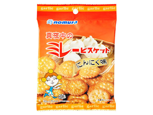 Nomura garlic-flavored savory biscuits in orange packaging with cartoon design, showcasing crispy texture and bold garlic aroma.
