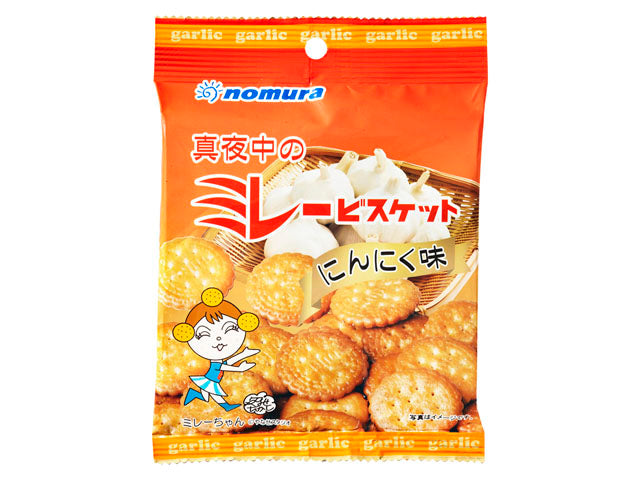 Nomura garlic-flavored savory biscuits in orange packaging with cartoon design, showcasing crispy texture and bold garlic aroma.