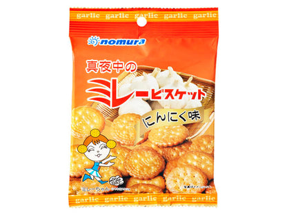 Nomura garlic-flavored savory biscuits in orange packaging with cartoon design, showcasing crispy texture and bold garlic aroma.