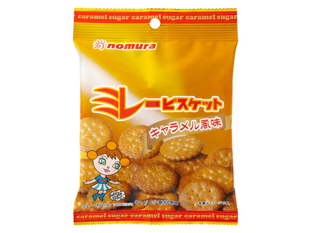 Package of Nomura caramel-flavored Millet Biscuits with savory, crispy texture and sweet-salt balance, containing wheat and soybean allergens.