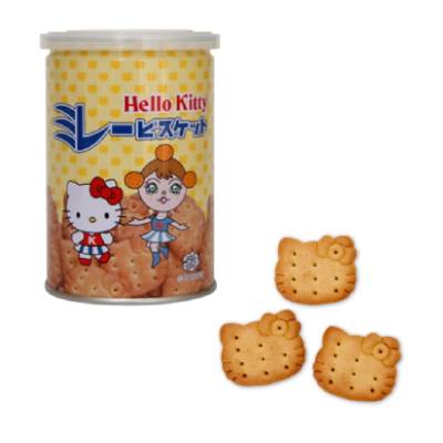 Hello Kitty Millet Biscuits in a can, featuring savory, crunchy cookies with a light saltiness, sweetness, wheat, and soybean allergens.