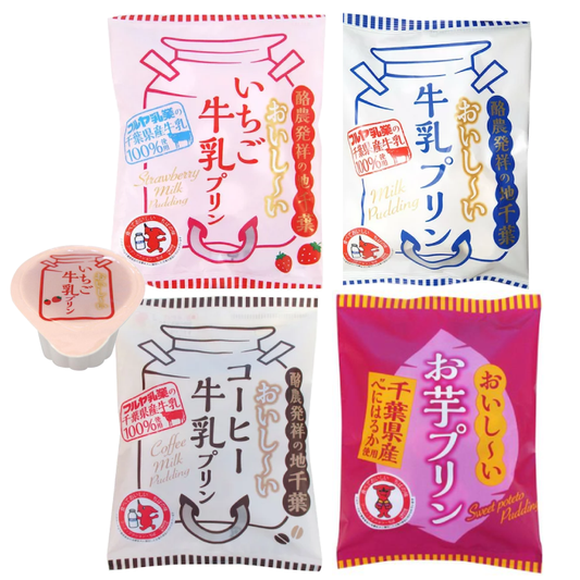 Assorted FUJISYO bite-sized puddings with strawberry, milk, coffee, and sweet potato flavors in colorful packaging.