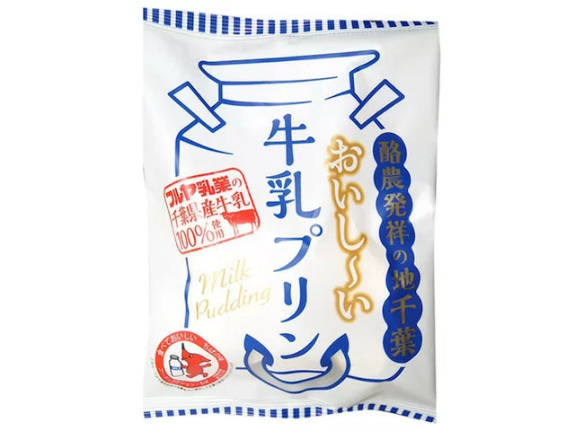 Packaging of FUJISYO Milk Pudding, featuring Japanese text, with milk from Furuya Dairy in Chiba Prefecture.