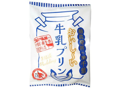 Packaging of FUJISYO Milk Pudding, featuring Japanese text, with milk from Furuya Dairy in Chiba Prefecture.