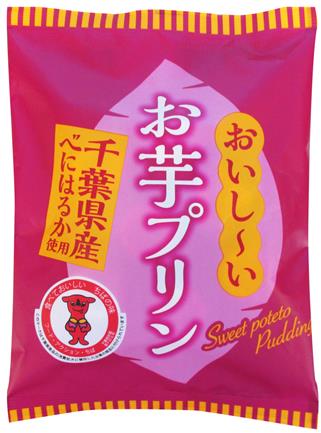 Japanese sweet potato pudding packaging with purple-text on pink background, featuring Chiba regional product endorsement.