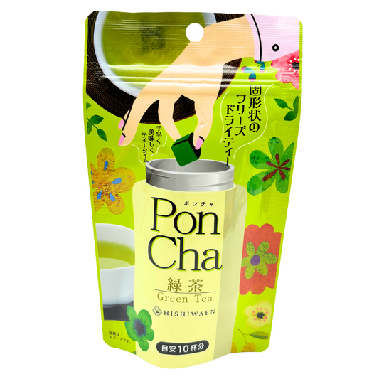 HISHIWAEN PonCha Freeze-dried Green Tea packaging with vibrant flowers, ideal for making approximately 10 cups of flavorful tea.