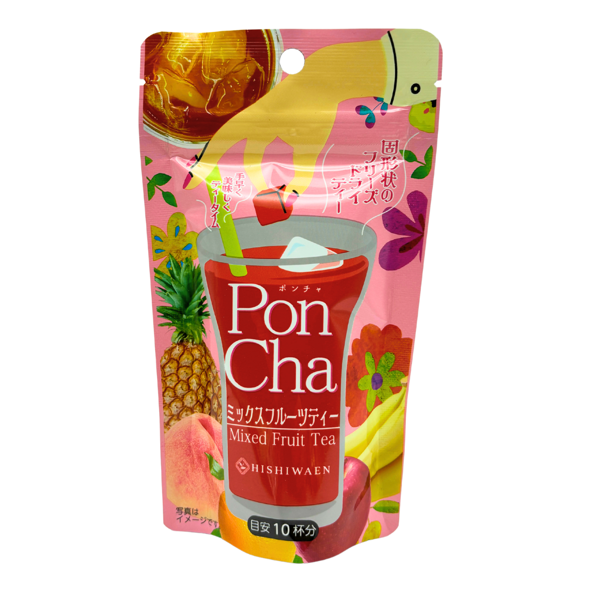 HISHIWAEN PonCha freeze-dried mixed fruit tea with pineapple, peach, and banana illustrations on colorful packaging.
