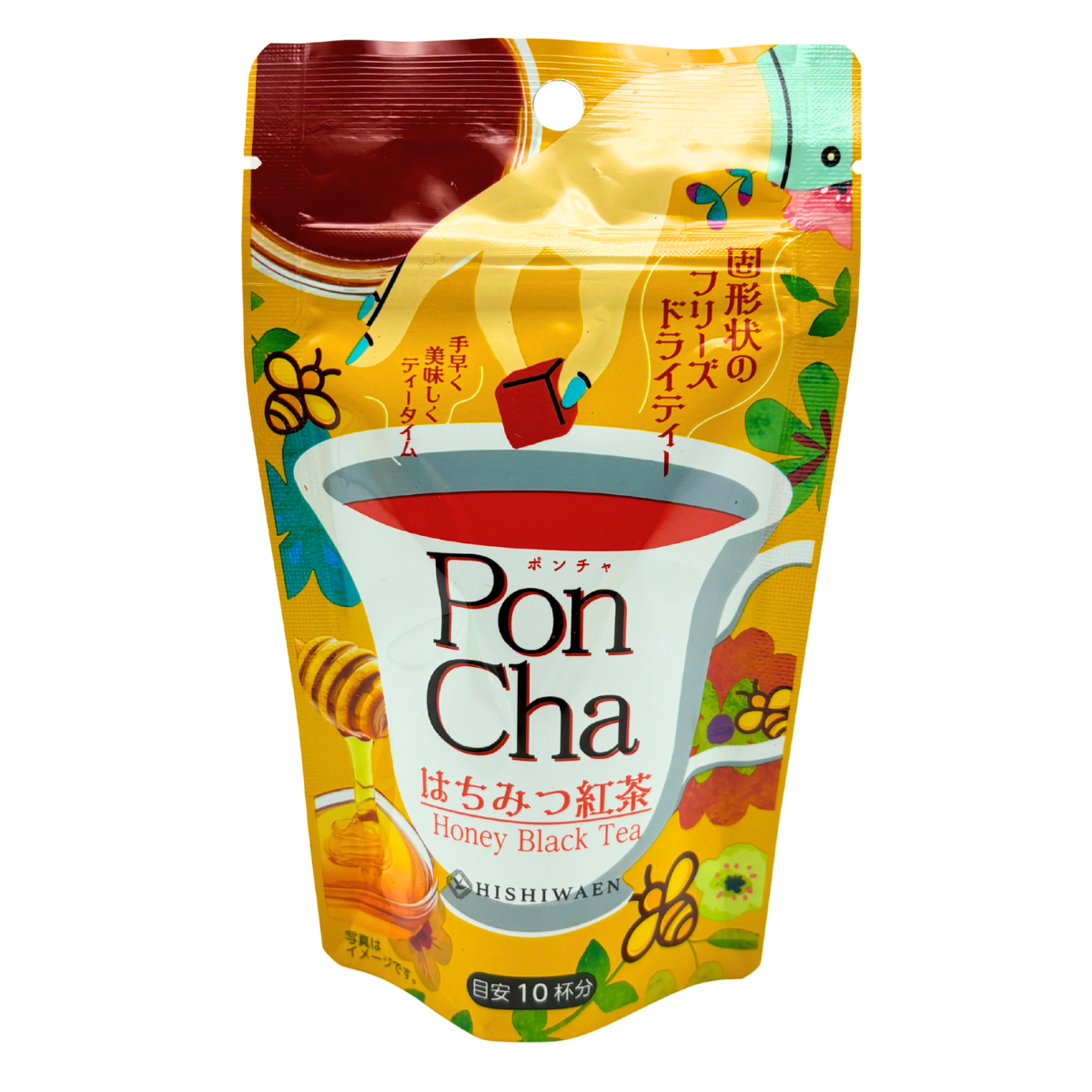 HISHIWAEN PonCha Freeze-dried Honey Black Tea packaging, makes 10 cups, easy preparation with water or hot water, contains honey.