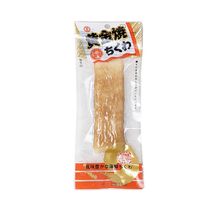 Marutama Suisan Kogane Yakichikuwa fish cake, kneaded fish paste baked for savory flavor, includes wheat, soybean, egg, fish, crab allergens.