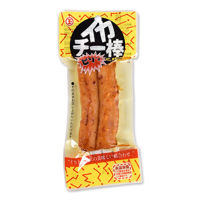 Marutama Suisan Spicy Squid Cheese Fish Cake Stick 2P in packaging, showing deep-fried sticks with vibrant packaging design.