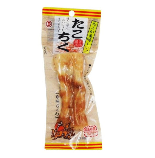 Marutama Suisan Octopus Chikuwa Fish Cake in packaging, labeled with allergens: wheat, soybean, egg, fish. Japanese snack. Seafood flavor.