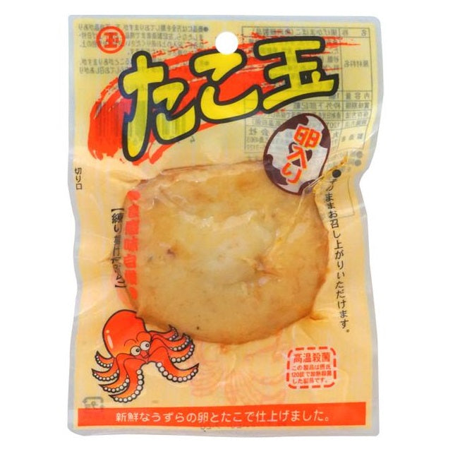 Japanese octopus-flavored fish cake with quail egg, packed. Contains fish, egg, wheat, soybean allergens. Octopus design on packaging.