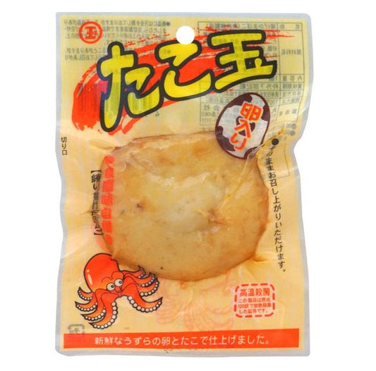 Japanese octopus-flavored fish cake with quail egg, packed. Contains fish, egg, wheat, soybean allergens. Octopus design on packaging.