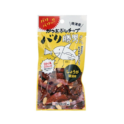 Bari Katsuo Bonito Flakes with Peanut in ginger soy sauce flavor, rich in DHA and EPA, packaged in a yellow sachet.