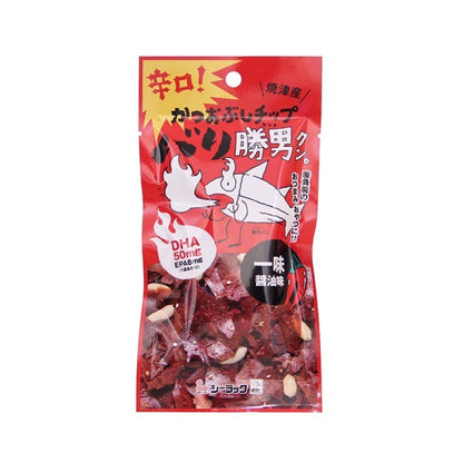 Bari Katsuo Bonito Flakes with spicy soy sauce flavor, featuring peanuts. Packaged in vibrant red design with Japanese branding.