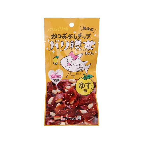 Bari Katsuo Bonito Flakes with Peanut in ginger soy sauce packaging, featuring cartoon fish, yuzu flavor text, and nutritional info.
