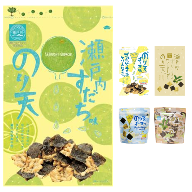 MARUKA FOODS Laver Tempura Snack Setouchi Sudachi, Gorgonzola Cheese Cream, and Olive Wine Vinegar flavors packaging.