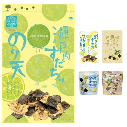 MARUKA FOODS Laver Tempura Snack Setouchi Sudachi, Gorgonzola Cheese Cream, and Olive Wine Vinegar flavors packaging.