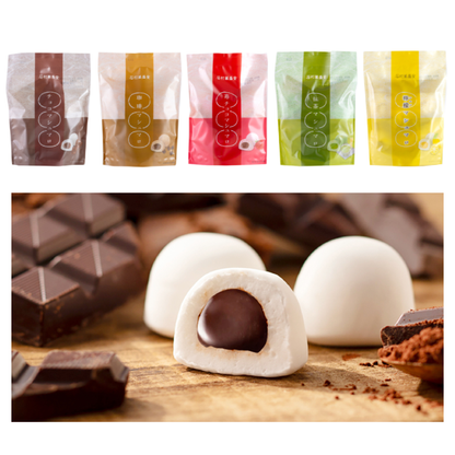 Gourmet marshmallows with creamy chocolate filling and assorted packaging, highlighting fine texture and chewy elasticity.