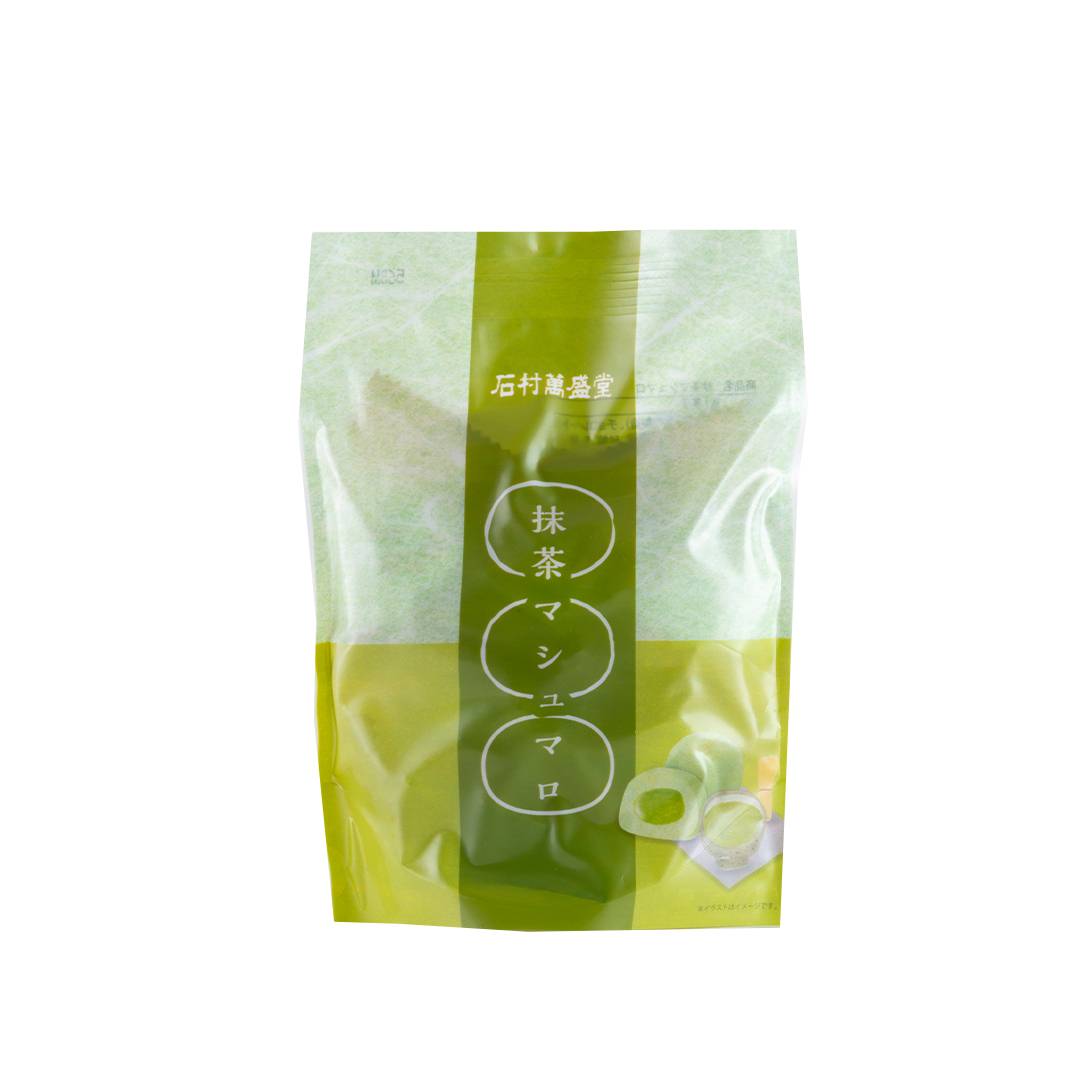 Green tea marshmallow package with soft, fluffy texture, featuring matcha flavor on a white background.