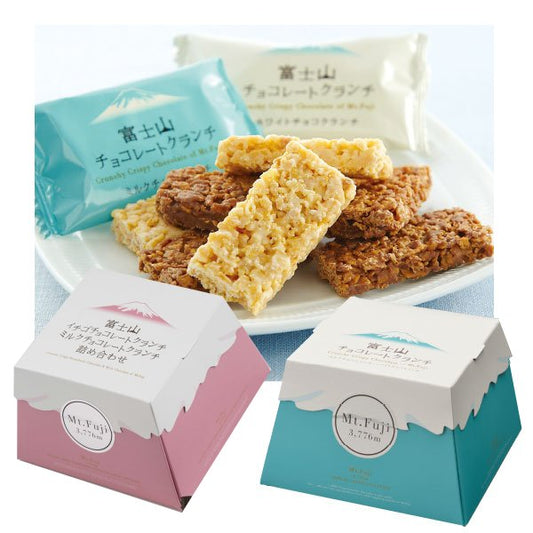 Mt. Fuji Chocolate Crunch 12P with strawberry, milk, and white chocolate in Mt. Fuji-shaped boxes, showcasing crispy texture.