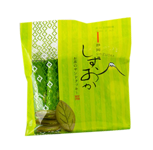 Shizuoka Green Tea Sandwich Cookie in green packaging with tea leaf design, highlighting freshness and flavor of Shizuoka tea.