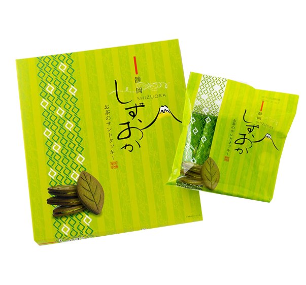 Shizuoka Green Tea Sandwich Cookies with leaf-shaped design, box and individual pack display, highlighting freshness of Shizuoka tea.