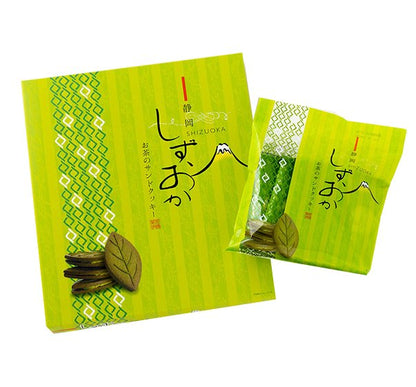 Shizuoka Green Tea Sandwich Cookies with leaf-shaped design, box and individual pack display, highlighting freshness of Shizuoka tea.