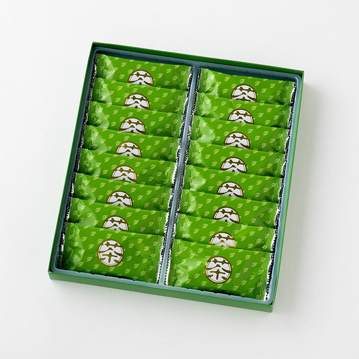 Box of Shizuoka Green Tea Sandwich Cookies neatly arranged in individual green packages, showcasing the freshness and flavor of Shizuoka tea.