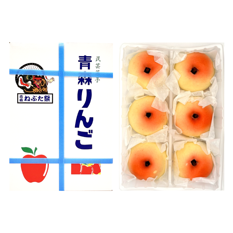 Box of Aomori Apple Manju containing six apple-shaped buns with white bean paste filling, packaged in a stylish design.