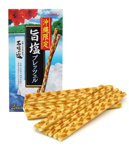 Okinawa Limited Edition Pretzel Sticks with Ishigaki sea salt and sweet potato flavor, highlighting crispy texture and balanced taste.