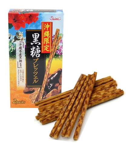 Okinawa Limited Edition Pretzel Sticks with Ishigaki Island sea salt and Okinawan red sweet potato flavor, in a colorful box.