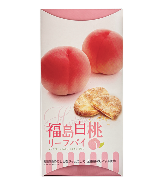 Fukushima White Peach Leaf Pie box with peach fruit imagery, containing 10 crispy pies with peach jam filling. Contains allergens: wheat, dairy.