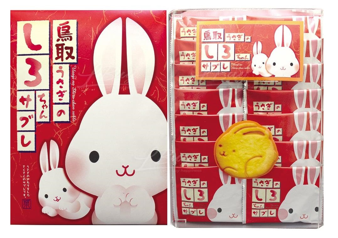 Bunny Shiro-chan Sable cookies in bunny shapes, packaged in red box. Contains wheat, egg, dairy, soybean. Cute and crispy cookies.