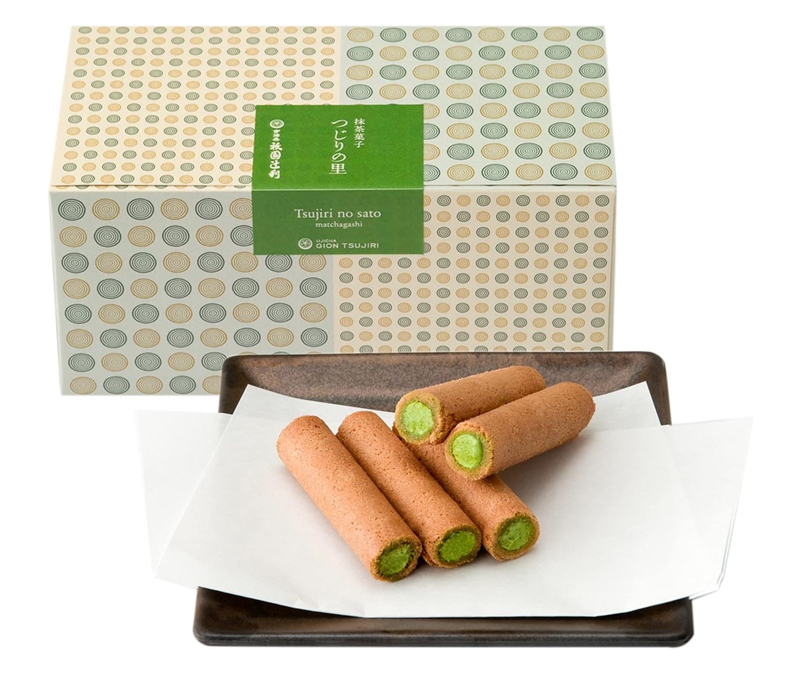 Tsujiri-no-Sato Matcha Cream Sandwich Cookies on a plate with packaging, highlighting green tea cream and rice cracker roll texture.