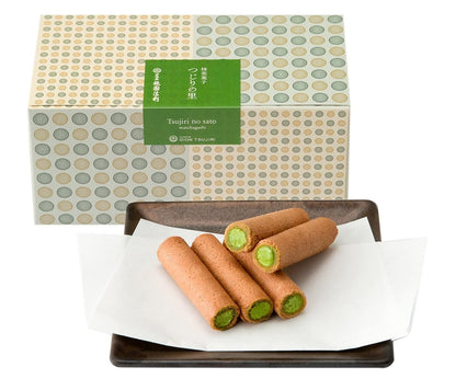 Tsujiri-no-Sato Matcha Cream Sandwich Cookies on a plate with packaging, highlighting green tea cream and rice cracker roll texture.