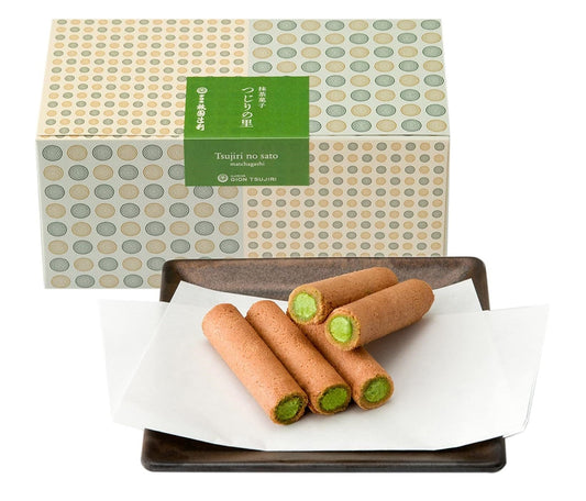 Tsujiri-no-Sato Matcha Cream Sandwich Cookies on a plate with packaging, highlighting green tea cream and rice cracker roll texture.