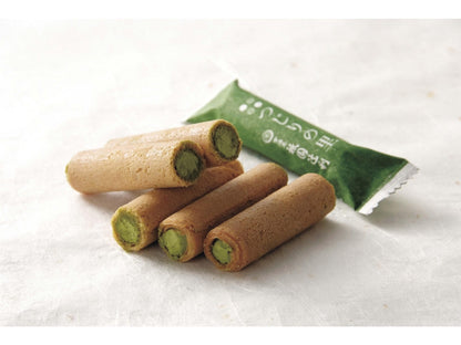 Tsujiri-no-Sato Matcha Cream Sandwich Cookies with green tea filling, thin rice cracker rolls; allergens: wheat, egg, dairy