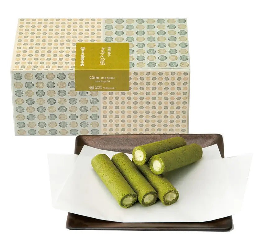 Gion-no-Sato White Cream Sandwich Matcha Cookie in a box with crispy green matcha rolls on a plate, highlighting creamy filling.