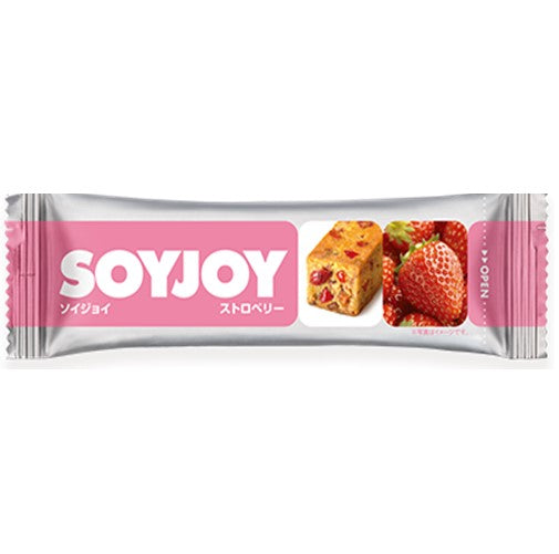 Strawberry flavor Soyjoy soy bar with fruit-filled moist dough for a delicious snack. Ideal for soy and fruit lovers.