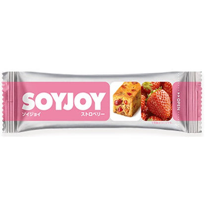 Strawberry flavor Soyjoy soy bar with fruit-filled moist dough for a delicious snack. Ideal for soy and fruit lovers.