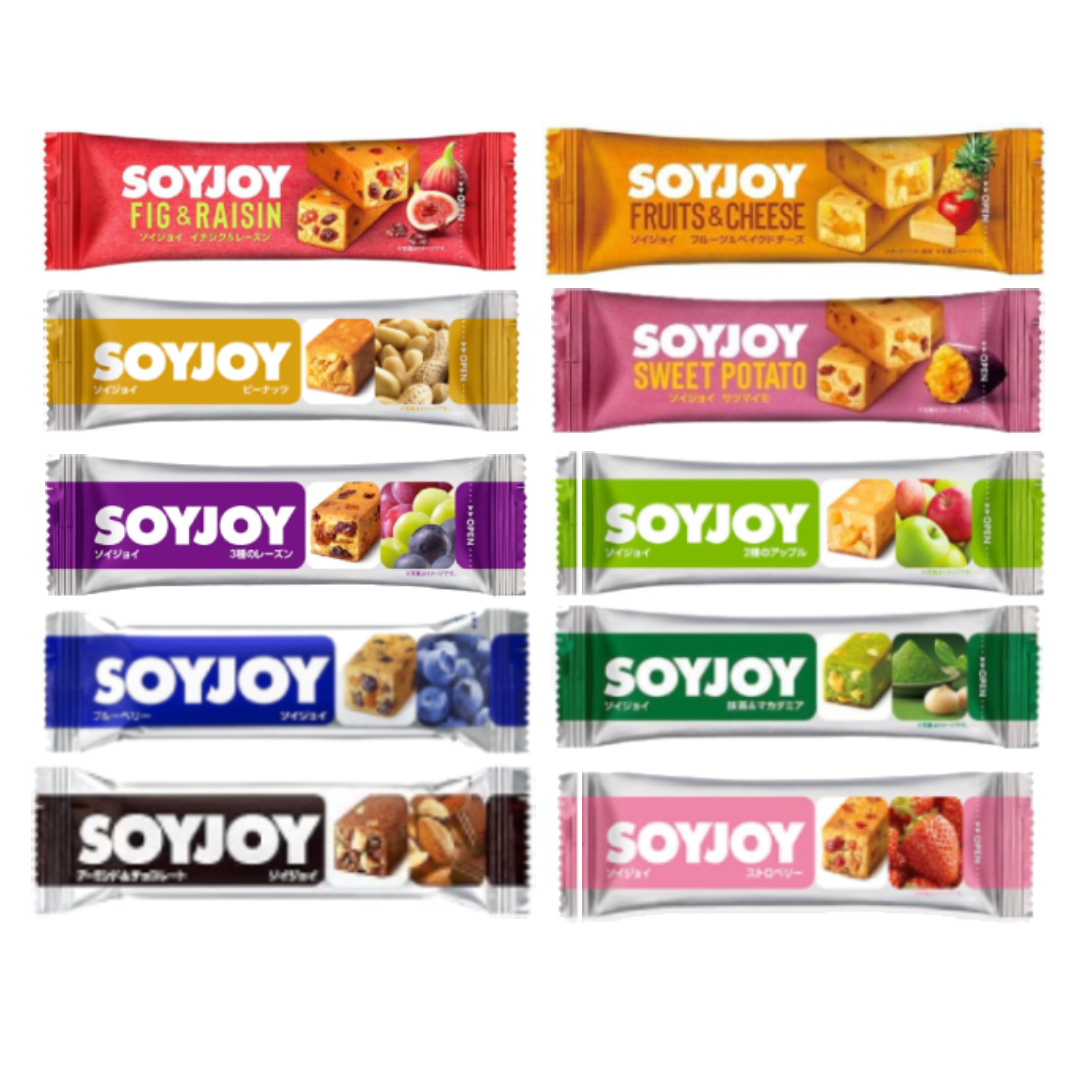 Assorted Soyjoy bars in various flavors including Fig & Raisin, Fruit & Cheese, Sweet Potato, Blueberry, and Strawberry.