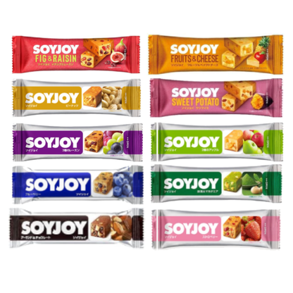 Assorted Soyjoy bars in various flavors including Fig & Raisin, Fruit & Cheese, Sweet Potato, Blueberry, and Strawberry.