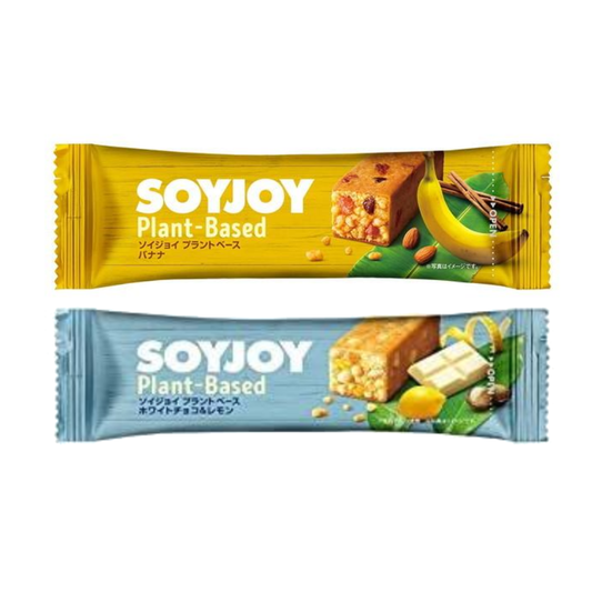 Two Otsuka Soyjoy Plant-Based Soy Bars: Banana and White Chocolate & Lemon flavors, made with plant-based ingredients.