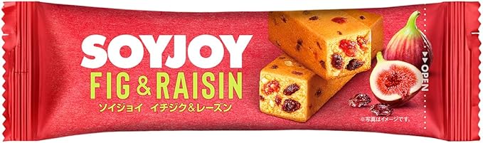 Soyjoy Fig & Raisin bar packaging featuring figs and raisins accentuated with a colorful, fruity design.