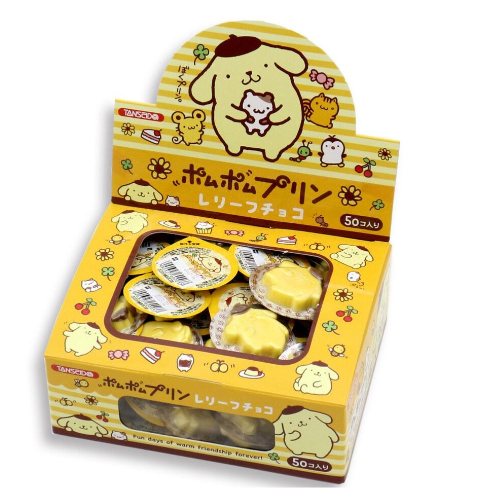Pom Pom Purin-themed chocolate box with pudding-flavored chocolates displayed, featuring cute Pom Pom Purin illustrations on packaging.