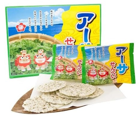 Packaged Okinawa Seaweed Rice Cracker with Asa seaweed flavor, featuring allergen info: soybean, dairy, chicken, wheat, shrimp.