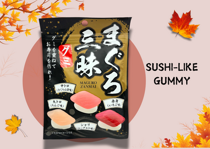 Sushi-shaped gummies from Tokyo's Past Box - Japanese Journey Box -TOKYO- with autumn leaves.