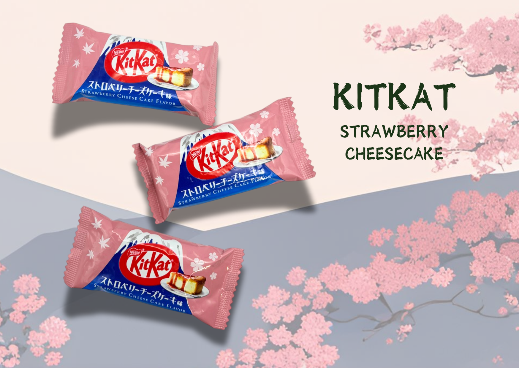 KitKat Strawberry Cheesecake bars with a cherry blossom background, featuring vibrant pink packaging and iconic branding.